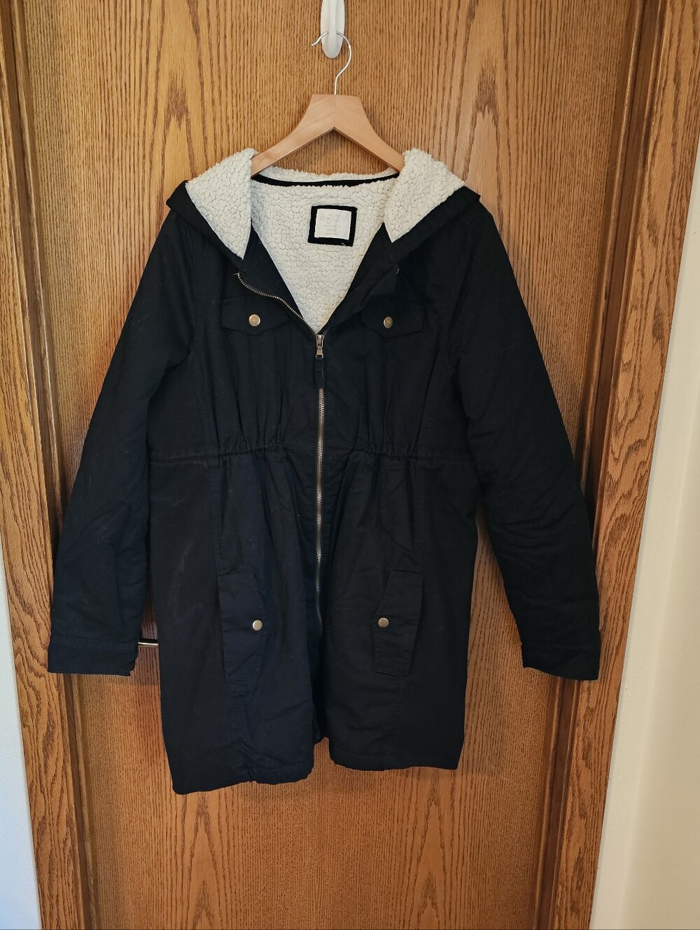 a:glow Black Hooded Maternity Coat with Cream Sherpa Lining
